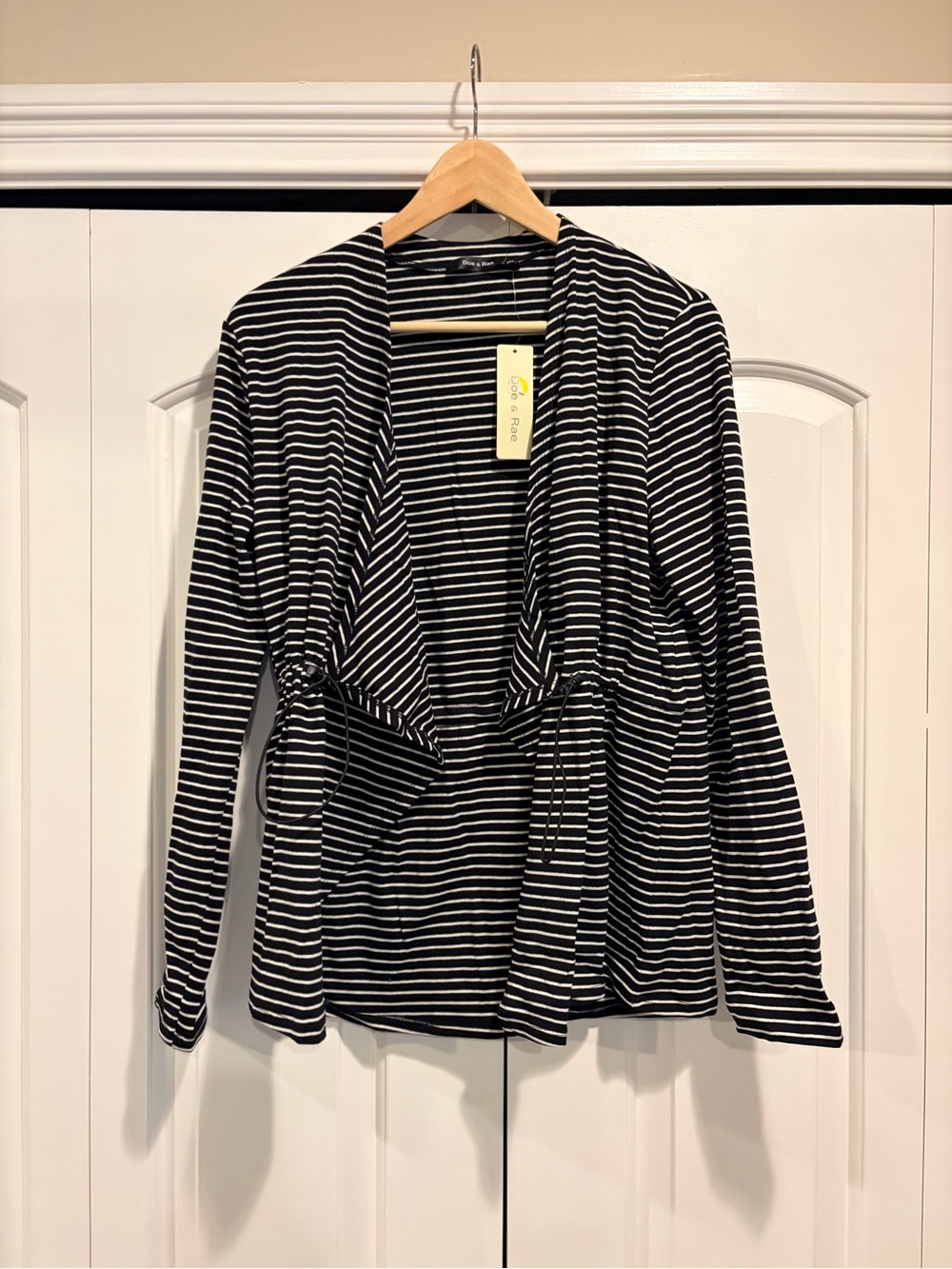 Doe & Rae Black and White Striped Open-Front Cardigan